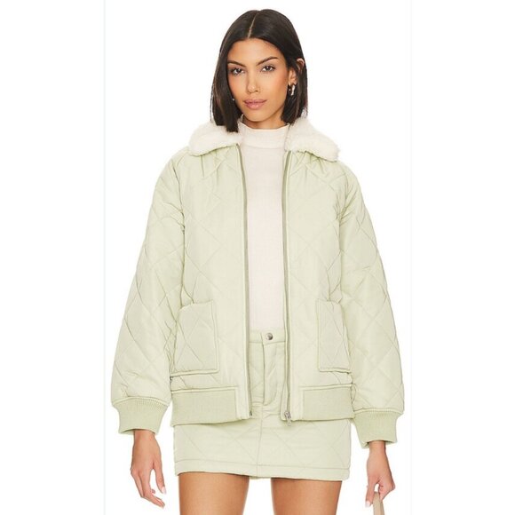 Lovers and Friends x Rachel Evie Quilted Jacket in Sage Green Fur Collar SZ XS - Picture 1 of 9